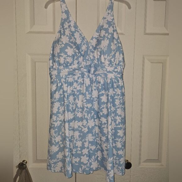 SOLD Bloomchic  Floral Print V Neck Ruffle Hem Ruched Detail Blue Swim Dress - Picture 4 of 10